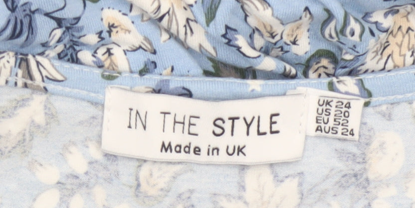 In The Style Women Blue Floral UK 24 Wrap Peplum Flutter Sleeve Blouse
