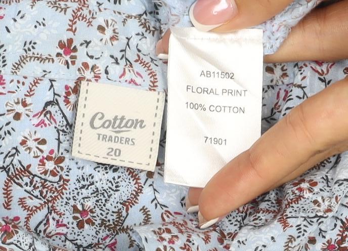 Cotton Traders Women Blue Size 20 Floral Zebra Cotton Button-Up Shirt