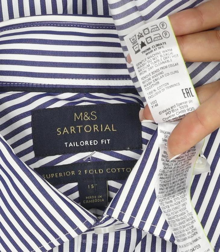 M&S Sartorial Men Blue Stripe Slim Fit Cotton Shirt 15 Long Sleeve