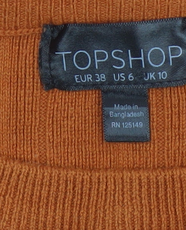 Topshop Women Orange UK 10 Ribbed Puff Sleeve Crew Neck Jumper