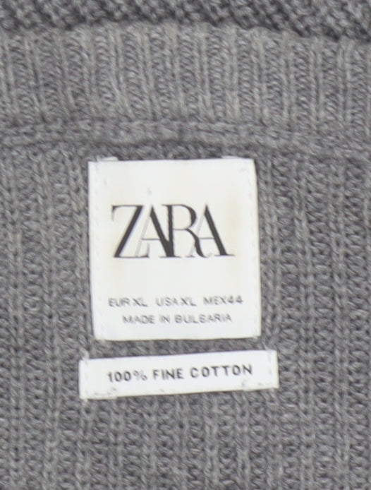 Zara Men Grey XL Fine Cotton Ribbed Crew Neck Pullover Jumper