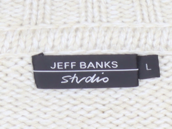 Jeff Banks Studio Women Ivory L Open Shawl Collar Argyle Knit Cardigan