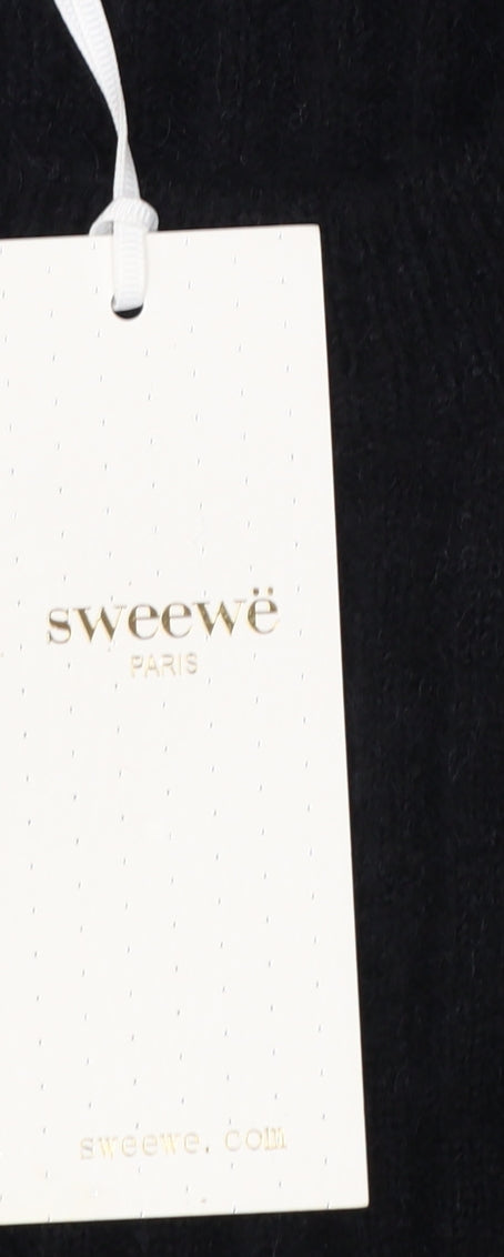 Sweewe Paris Women Black M Pullover Pearl Flared Sleeve Rib Knit Jumper