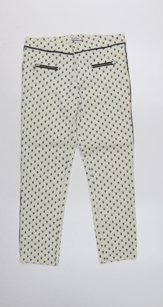 Stradivarius Women Ivory UK 10 Slim Straight Floral Zip Trousers