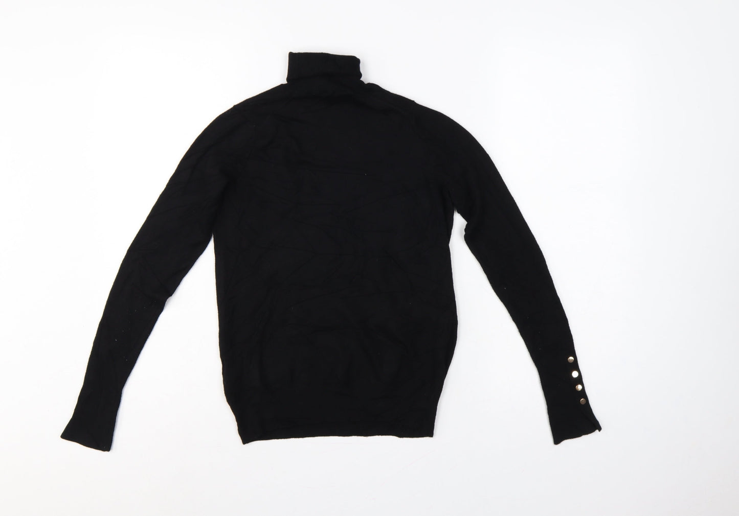 Zara Women Black S Roll Neck Knit Pullover Jumper Gold Button Cuffs