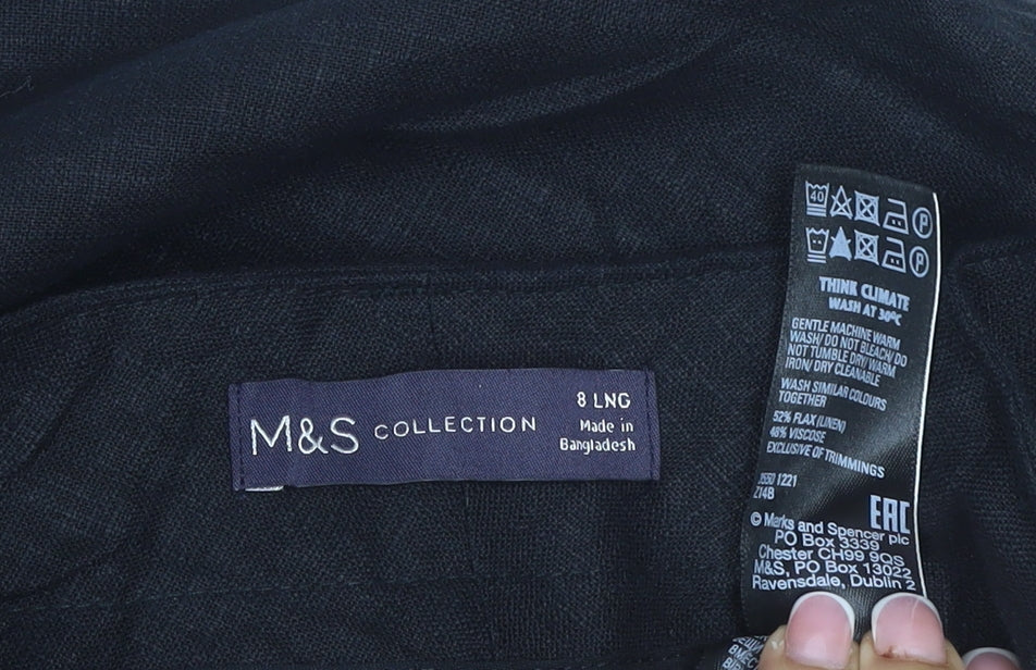 Marks and Spencer Women Black Size 8 Long Linen Blend Straight Trousers