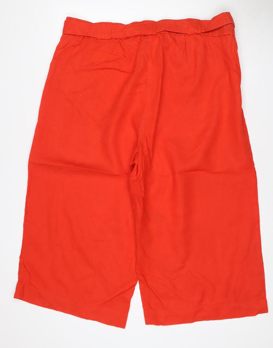 M&S Women Red UK 12 Linen Wide-Leg Cropped Tie Waist Trousers