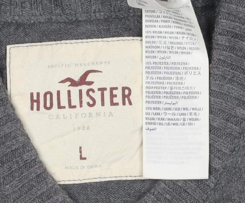 Hollister Men's Grey L V-Neck Logo Cotton Blend Pullover Jumper