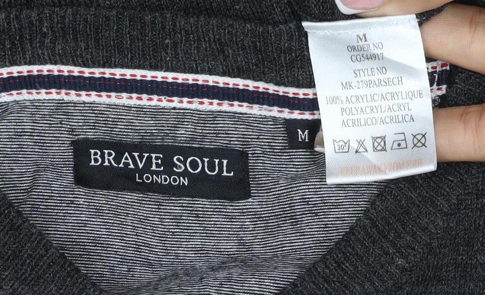 Brave Soul Men’s Grey M Crew Neck Fine Knit Acrylic Pullover Jumper