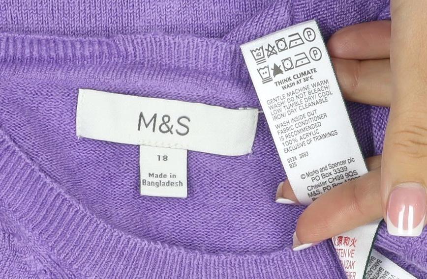 Marks & Spencer Women Purple Cashmere Crew Neck Jumper Size 18