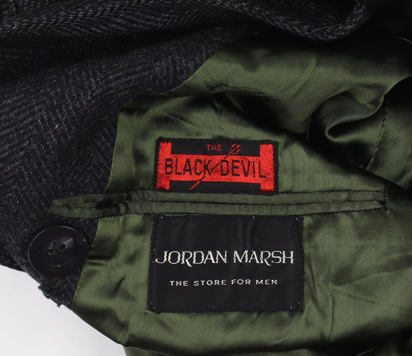 Jordan Marsh Chest 44 Men’s Black Herringbone Long Overcoat Classic Vintage