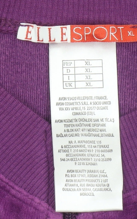 Brand and care label for Elle Sport Women’s Purple XL Velour Bomber Jacket Rhinestone Heart