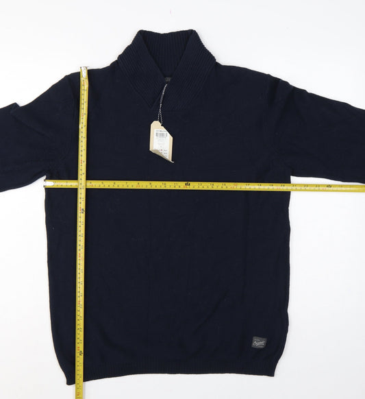 Jack & Jones Men Navy L Shawl Neck 1/4 Zip Cotton Knit Jumper