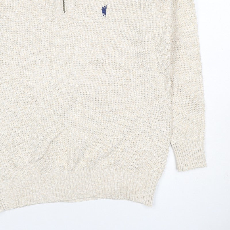Polo Sport Men Beige M 1/4 Zip High Neck Knit Jumper Logo