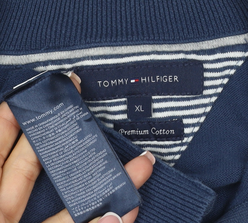 Tommy Hilfiger Men’s Blue XL Quarter Zip Cotton Mock Neck Jumper