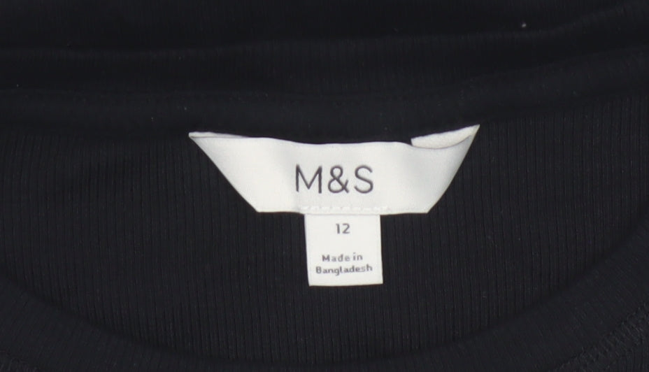 Marks and Spencer Women Black Size 12 Slim Ribbed Long Sleeve T-Shirt
