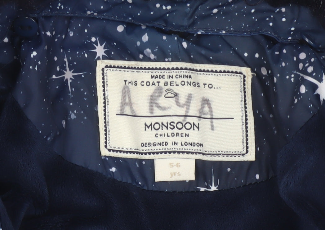 Monsoon Girls Blue 5-6 Years Floral Star Hooded Puffer Coat Faux Fur