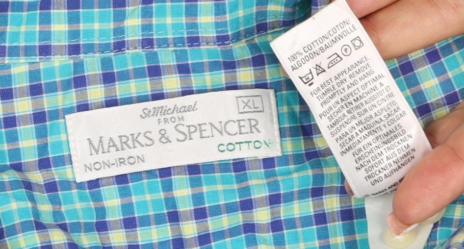 Marks and Spencer Men’s Blue Check XL Non-Iron Short Sleeve Shirt