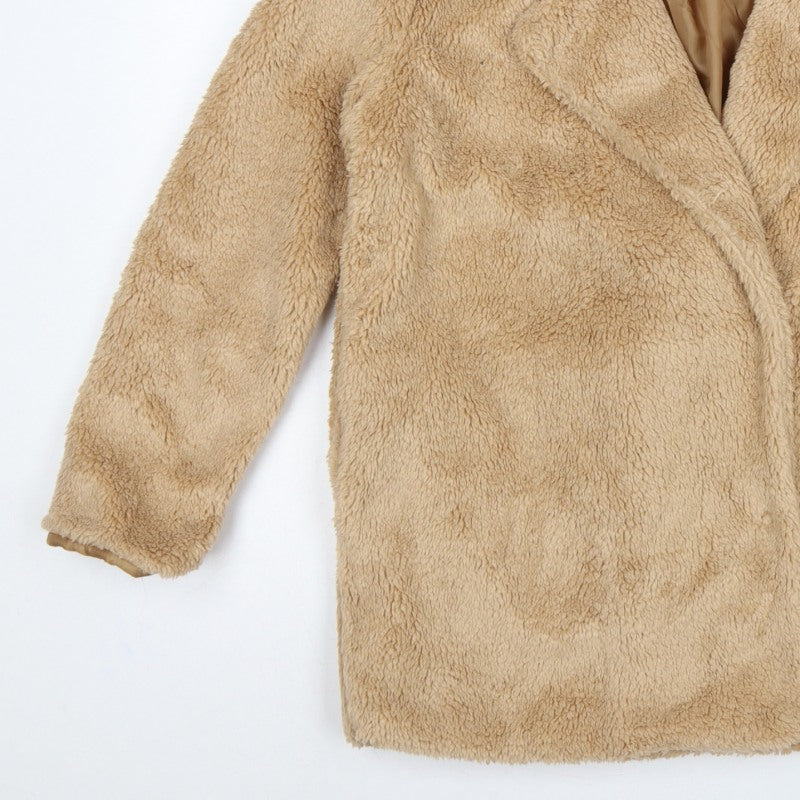 Boohoo Women’s Beige Size 4 Teddy Fleece Mid-Length Overcoat