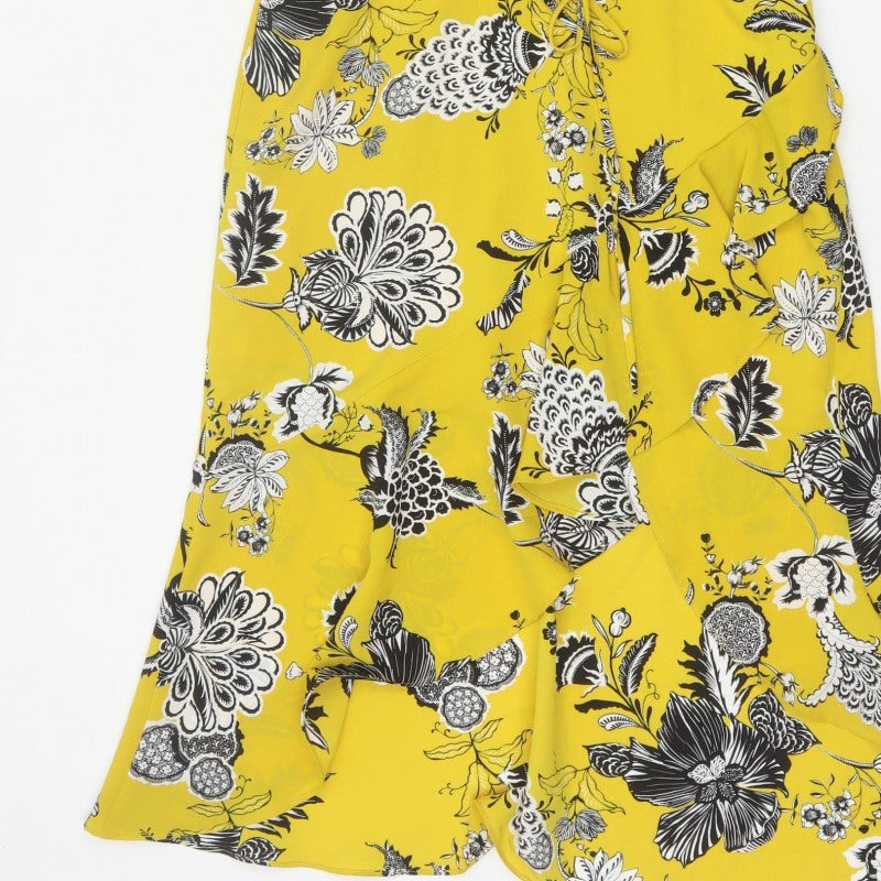 River Island Women Yellow Floral Wrap Midi Dress Size 10 Ruffle