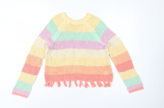 Next Girls Multicoloured 11 Years Cotton Knit Striped Tassel Pullover Jumper