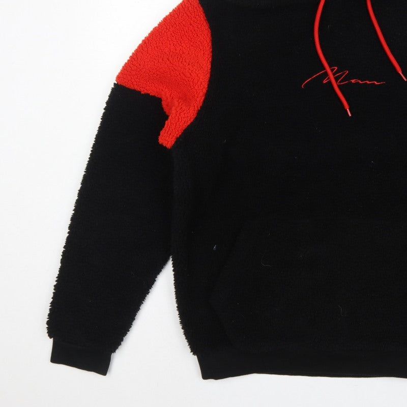 Additional view of boohooMAN Men's Black Red Sherpa Fleece Hoodie Small Pullover Logo