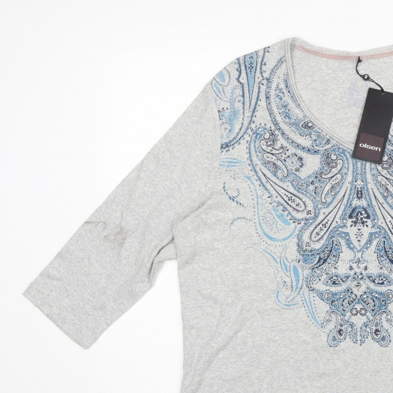 Olsen Women Grey UK 20 Bohemian Paisley V-Neck 3/4 Sleeve T-Shirt
