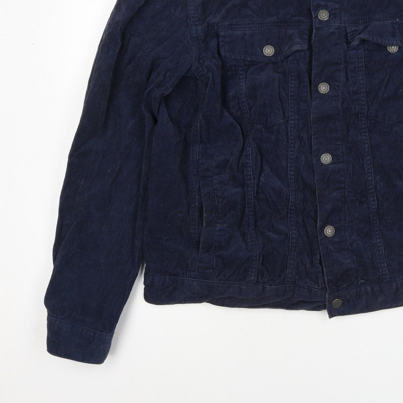 H&M Women’s Blue Corduroy Basic Jacket Size L Collared Button Casual