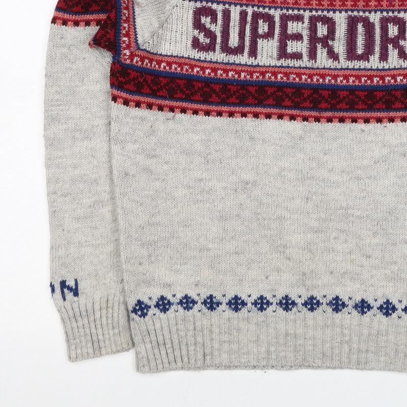 Superdry Men Grey L Nordic Fair Isle Logo Crew Neck Wool Blend Jumper