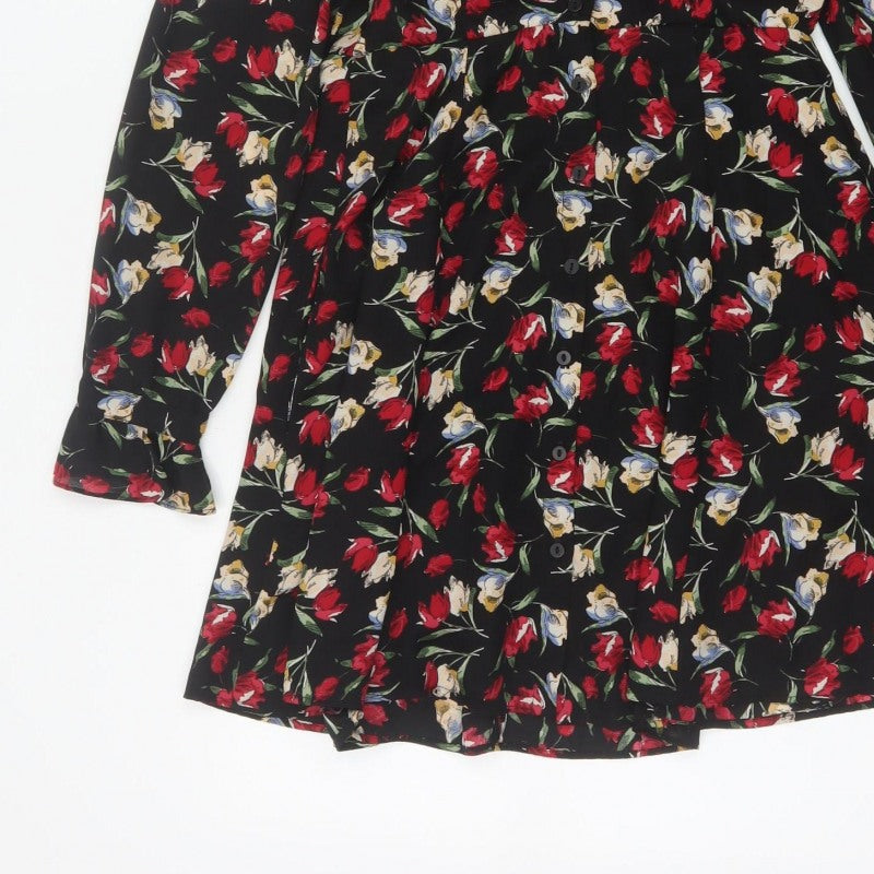 Zara Basic Women Black Floral Shirt Dress Size S Fit & Flare