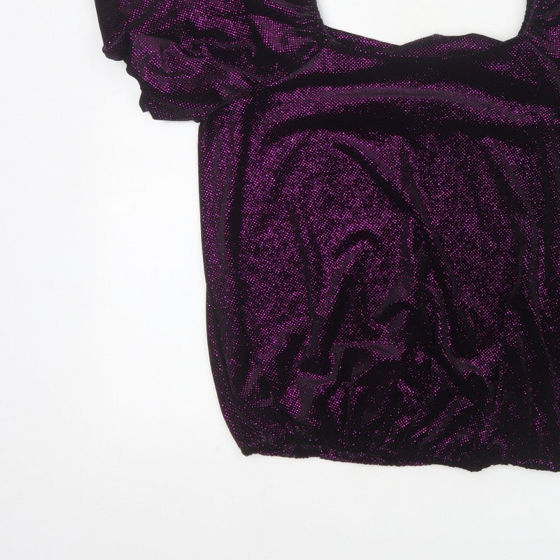 M&Co Women Black Purple Glitter Velvet Puff Sleeve Blouse UK 14