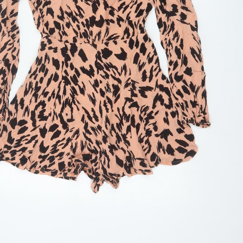 ASOS Women Pink Animal Print Long Sleeve Ruffle Playsuit UK 10