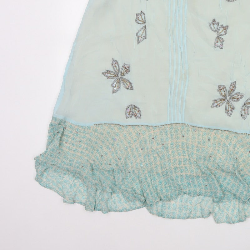 Fransa Women Blue UK 10 A-Line Floral Beaded Ruffle Knee Skirt