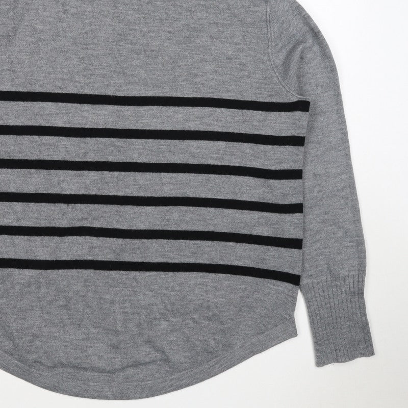 French Connection Women Grey Black Striped Roll Neck Jumper L Cashmere