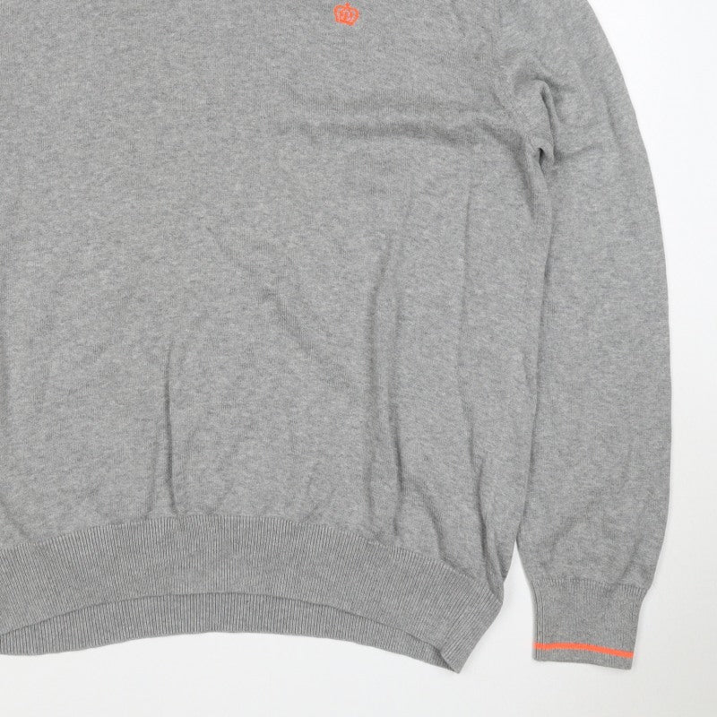 Next Men Grey XL V-Neck Cotton Knit Pullover Jumper Contrast Trim Logo