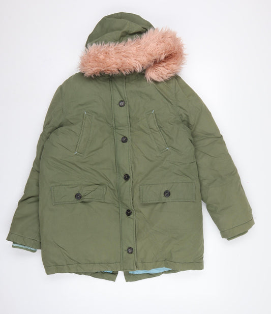 Boden Girls Green Parka Coat 15-16 Years Pink Faux Fur Hood Winter