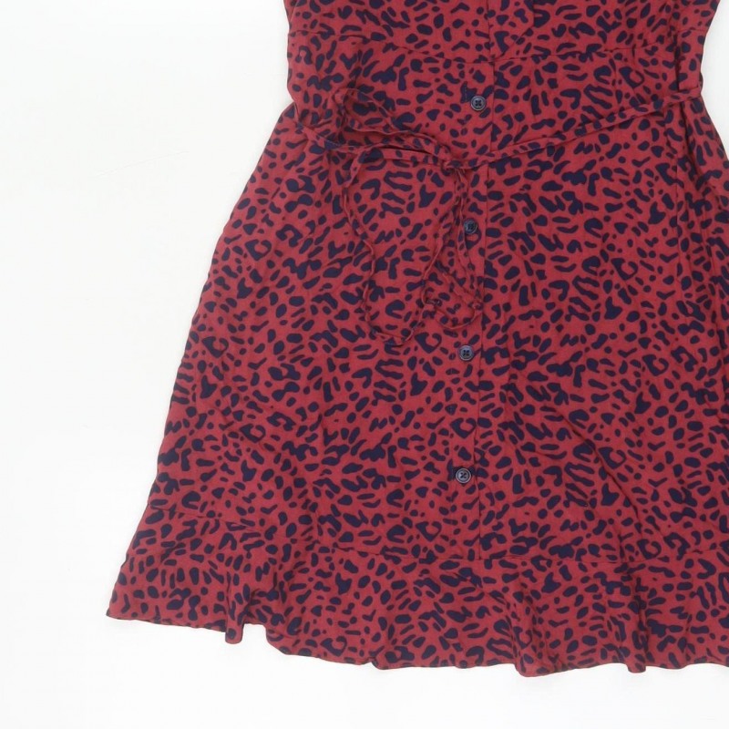 Oasis Women Red Animal Print UK 12 Skater Mini Tie Strap Dress