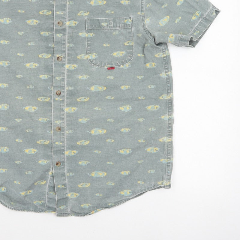 Hula Mont Men’s Blue Fish Print Short Sleeve Button-Up Shirt L