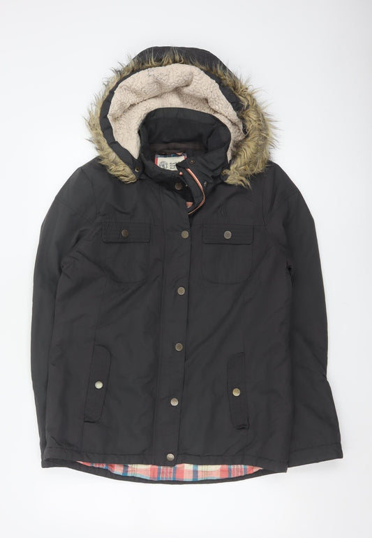 Fat Face Women's Black UK 12 Hooded Faux Fur Trim Parka Coat