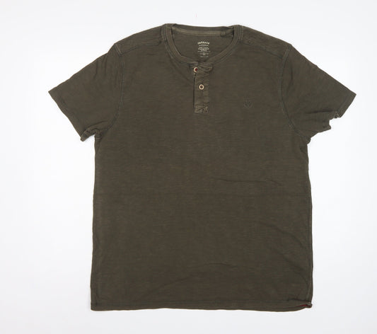 FatFace Men’s Green Cotton Henley T-Shirt Size L Short Sleeve