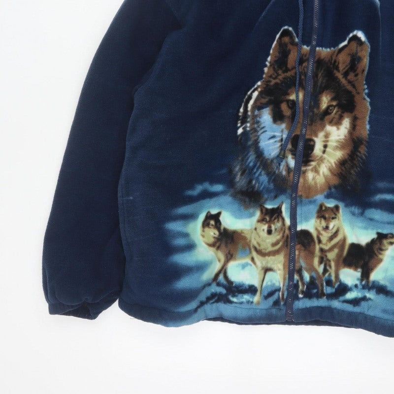 Port Nova Men's Blue XL Wolf Print Hooded Sherpa Lined Fleece Jacket
