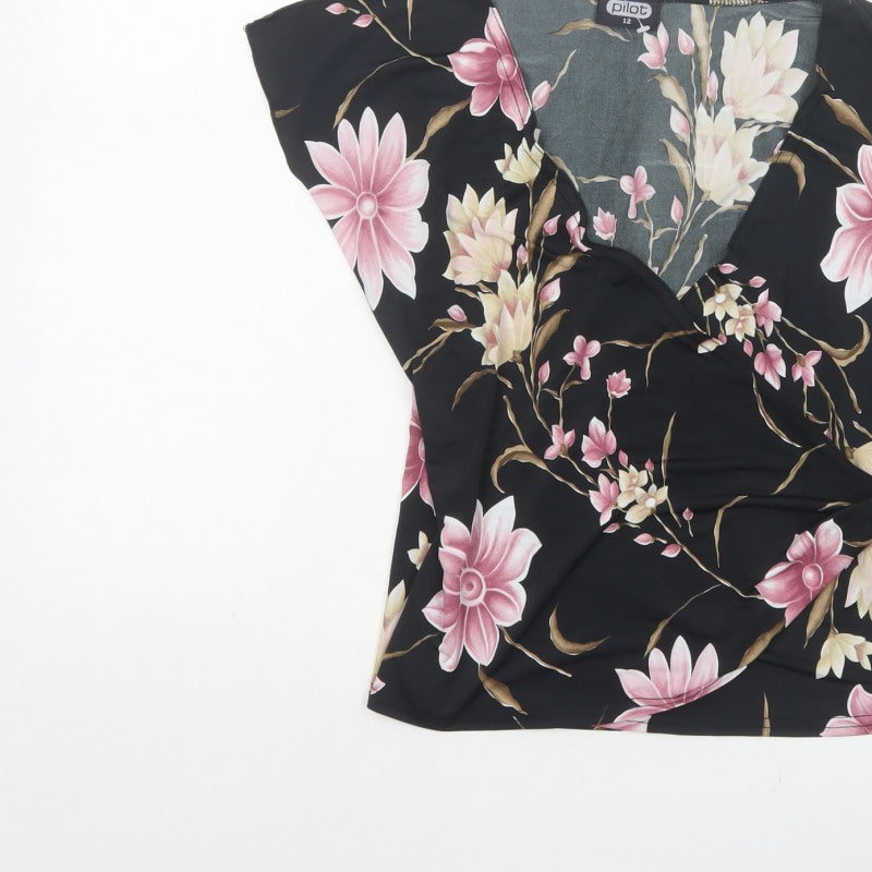Pilot Women’s Black Floral Wrap Blouse UK 12 Cap Sleeve Tie