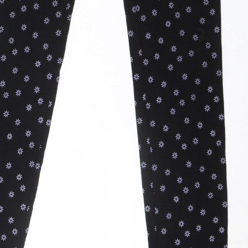 Zara Women Black Floral Side Zip Slim Trousers UK 8