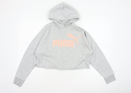 Puma Girls Grey 13-14 Years Pullover Hoodie Pink Logo Fleece