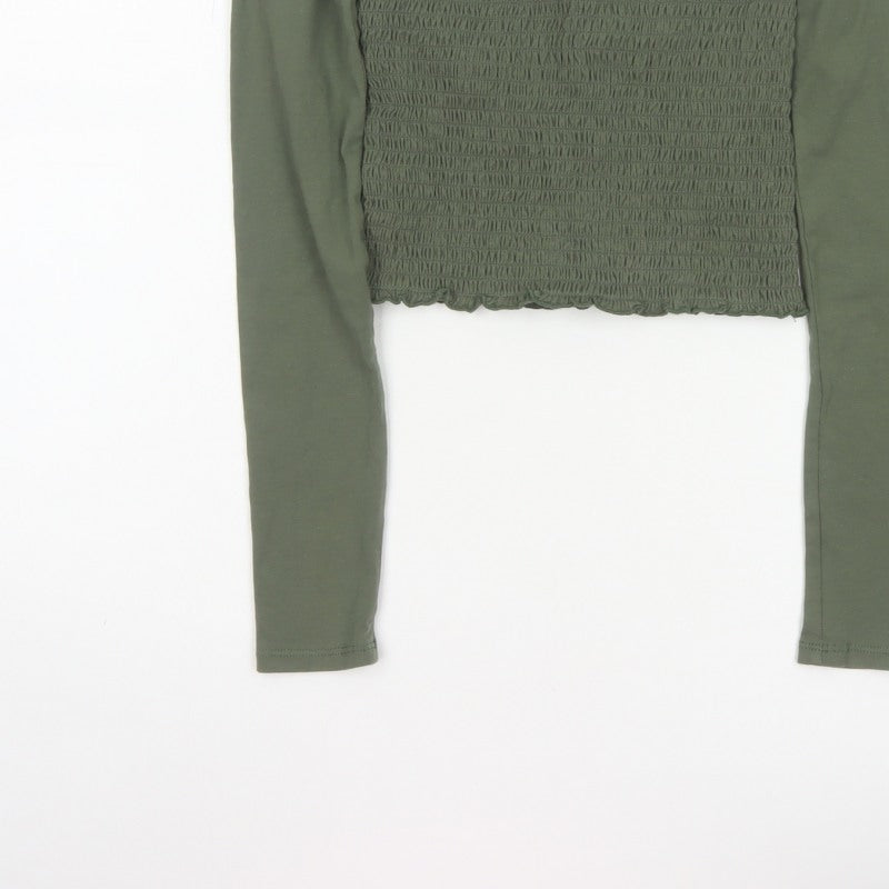 Hollister Women Green XS Cropped Off Shoulder Smocked Long Sleeve Blouse