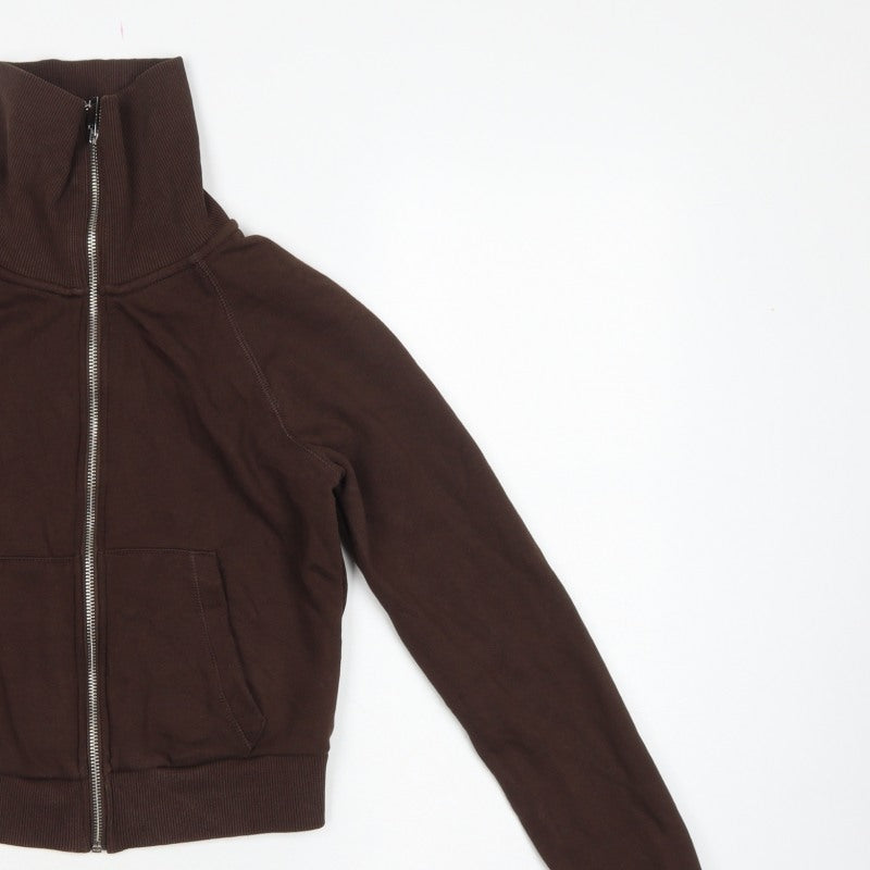 Zara Women Brown M Full Zip High Neck Fleece Sweatshirt Pockets
