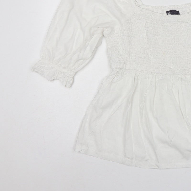 Marks and Spencer Women White UK 18 Smocked Puff Sleeve Tunic Blouse