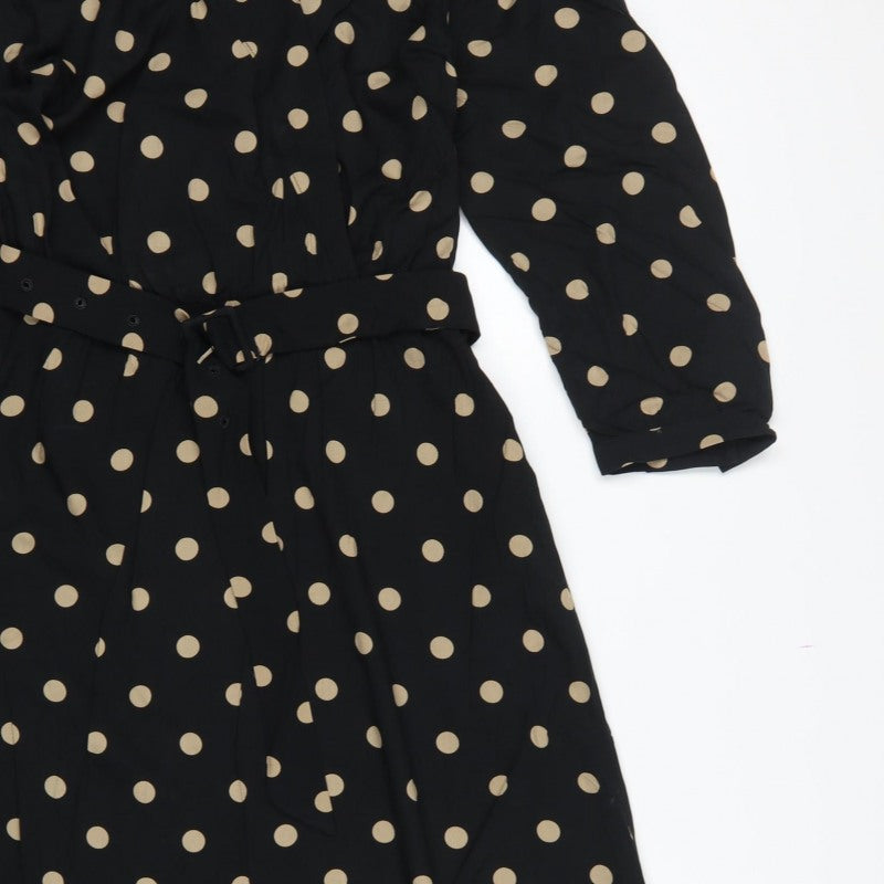 Freequent Women Black Beige Polka Dot L Midi Shirt Dress Belted