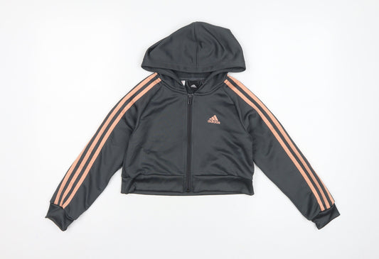 Adidas Girls Black Pink 3 Stripe Full Zip Hoodie Age 7-8 Years