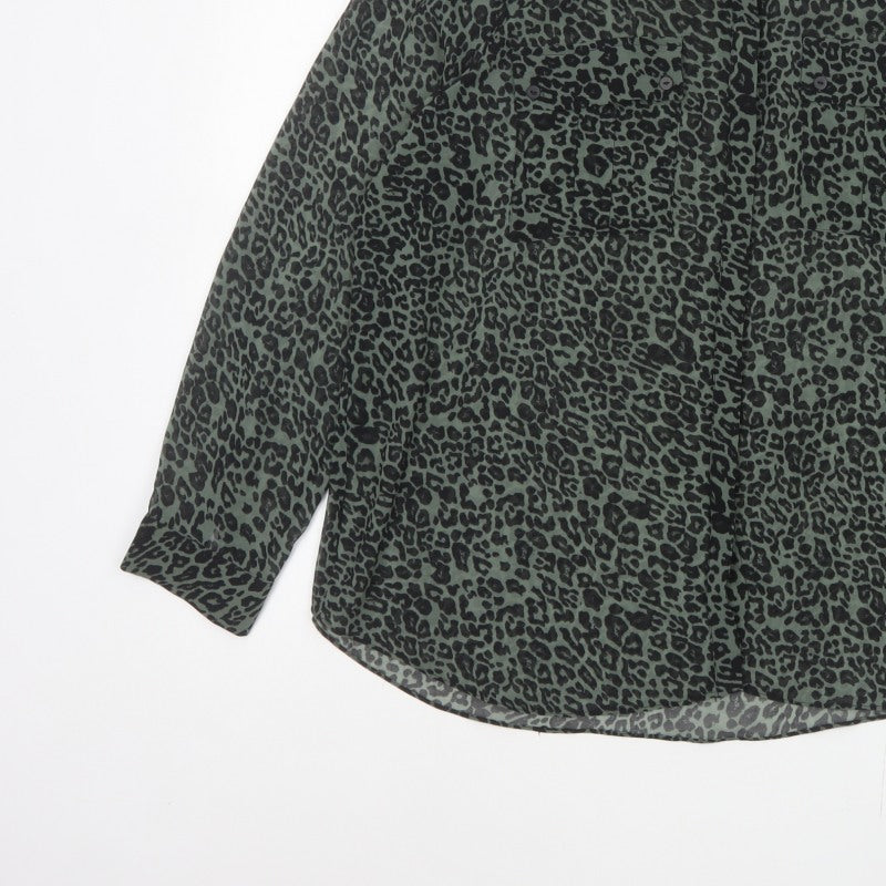 Mint Velvet Women Green Leopard Print Button-Up Blouse Size 18 Long Sleeve